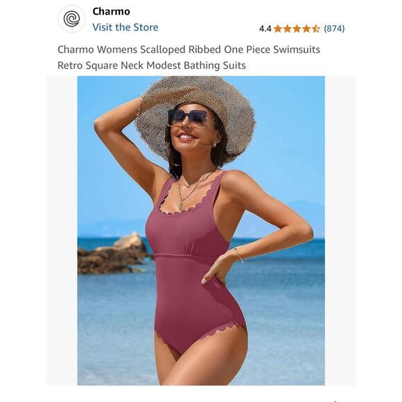 Scalloped Ribbed One Piece Swimsuit Square Neck Modest Bathing Suit Size Large - Picture 4 of 8